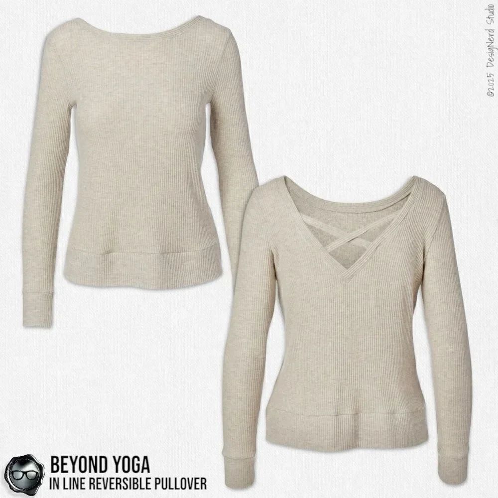 BEYOND YOGA IN LINE REVERSIBLE RIBBED SWEATER OATMEAL HEATER CRISSCROSS STRAPS